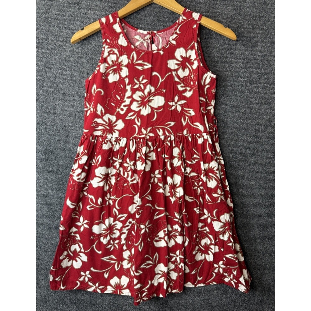 VTG Hilo Hattie's Girls Hawaiian Dress L 10-12 Red White Floral Double Tie Back